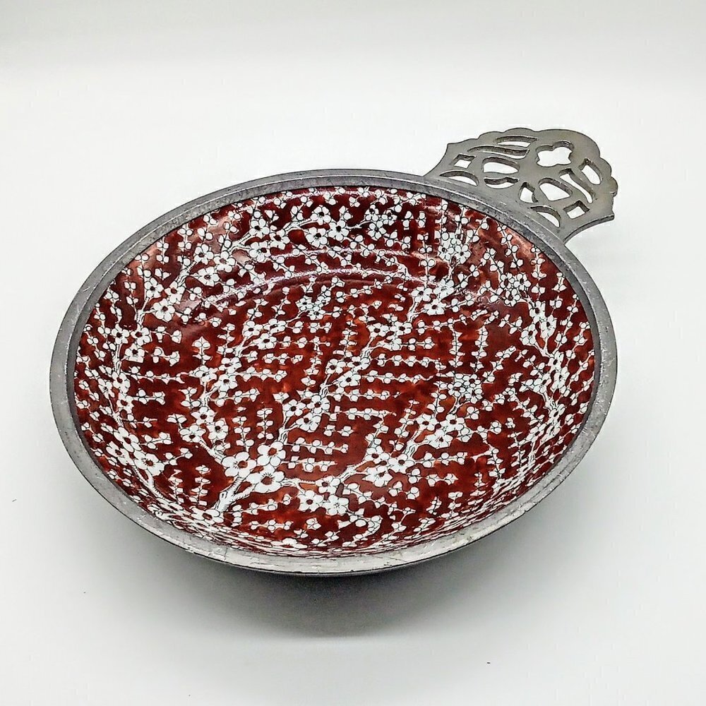 Vintage Hand-Painted Canton Ware Pewter Red Porcelain Bowl